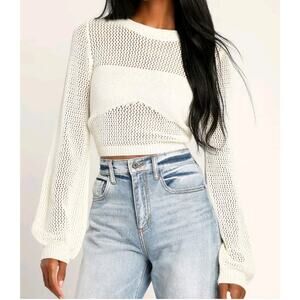 Lulus Weave Your Mark Ivory Sheer Long Sleeve Sweater Sz XL Cut Out Back Boho